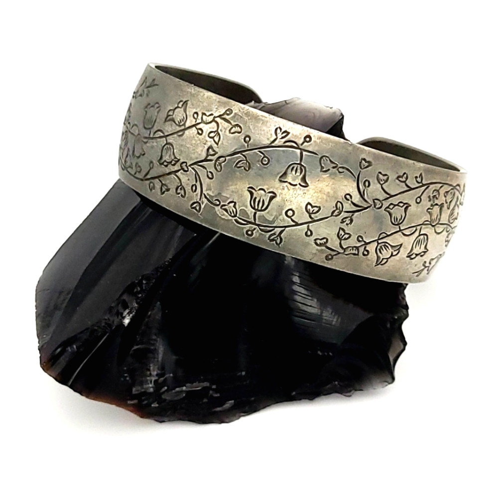 Vintage Kirk Stieff Lilly of the Valley Pewter 900-5 Stamped Cuff Bracelet